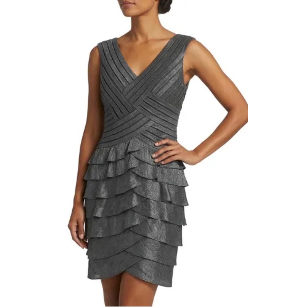 Adrianna Papell Womens Metallic Tiered Ruffle Cocktail‎ Dress Charcoal Grey 8